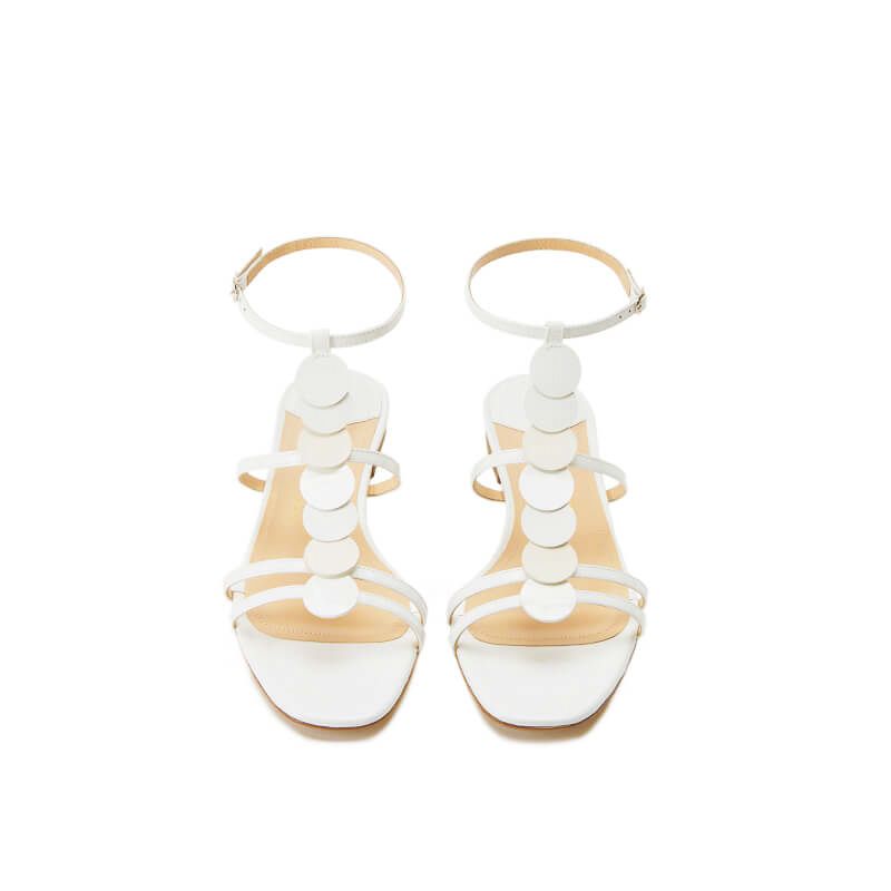 White patent leather sandals with ankle strap and leather and suede discs, SS19 collection by Fragiacomo, over view