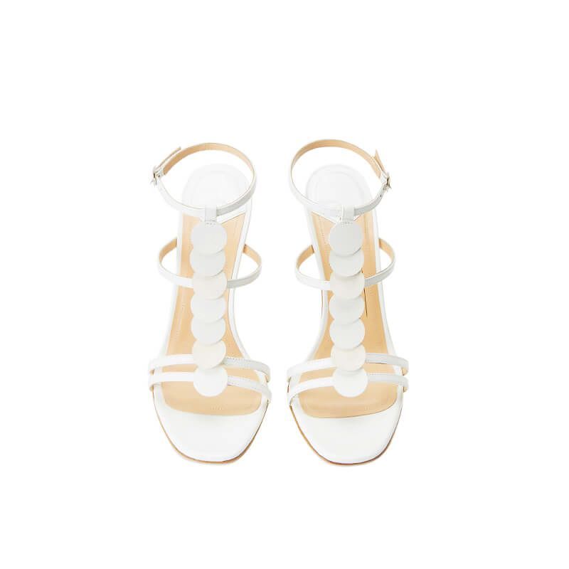 White patent leather sandals with ankle strap, leather discs and high heel 100mm, SS19 collection by Fragiacomo, over view