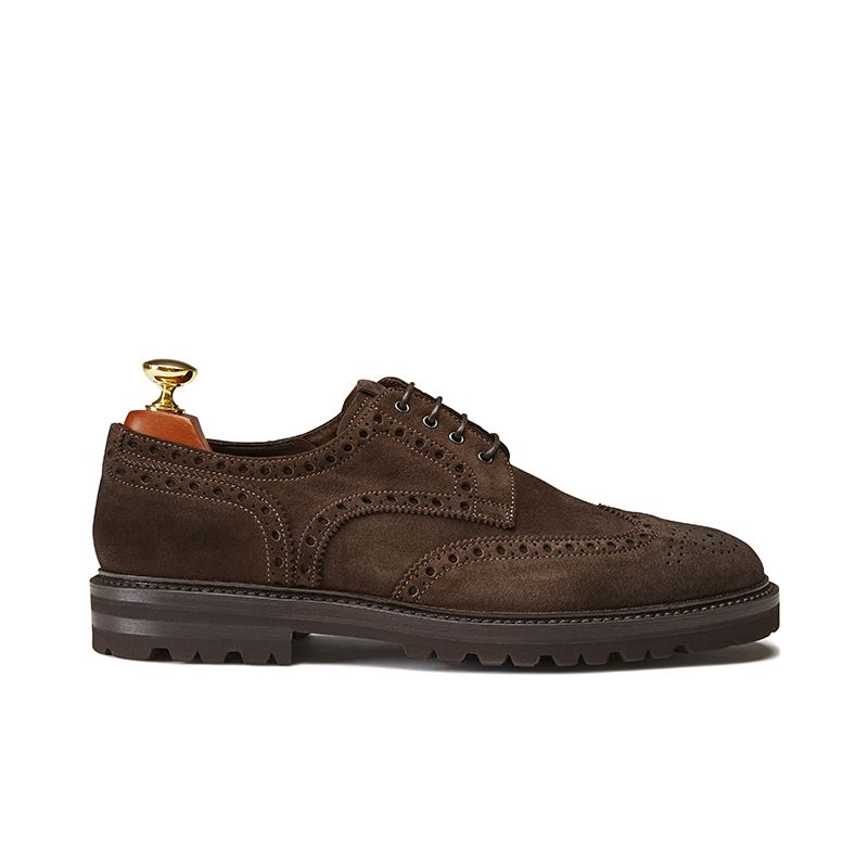 Wingtip dark brown suede Derby shoes, men's model by Fragiacomo