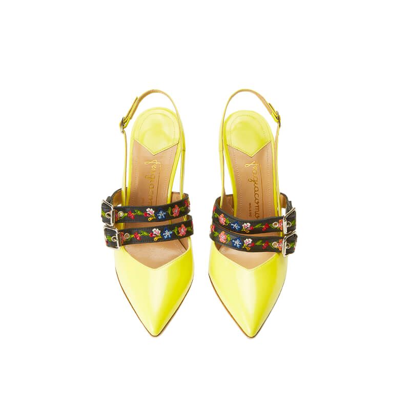 Yellow patent leather slingbacks with embroidered straps and 100mm heel, SS19 collection by Fragiacomo, over view