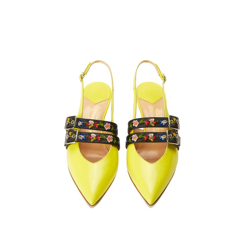 Yellow patent leather slingbacks with embroidered straps and kitten heel, SS19 collection by Fragiacomo, over view