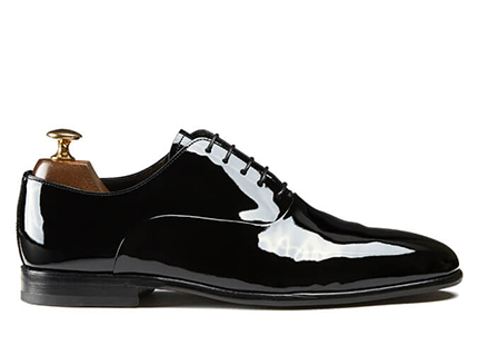 Black patent Oxford shoes with handmade bombé leather sole made in Italy, luxury by Fragiacomo