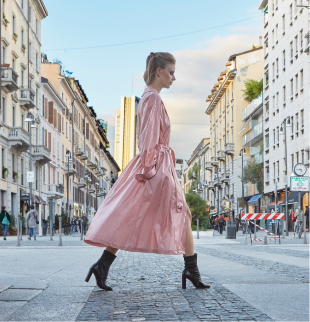A model wearing Fragiacomo women's shoes A model wearing black nappa leather women's ankle boots, in Milan, by Fragiacomo