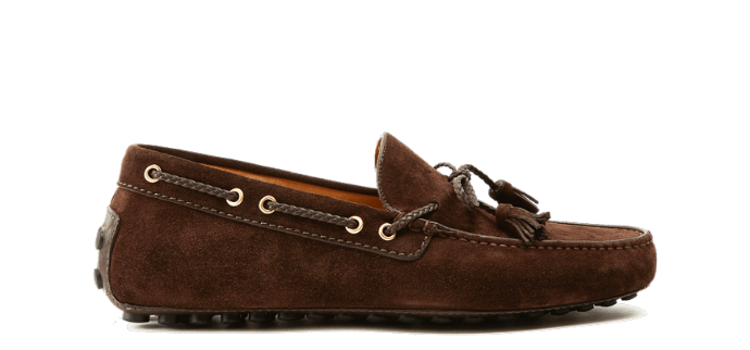 Brown suede driving shoes with rubber pebble outsole, hand made in Italy, elegant men's by Fragiacomo