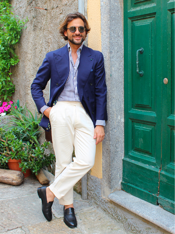 Influencer Danilo Carnevale wearing black calfskin loafers hand made in Italy, elegant men's by Fragiacomo